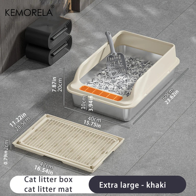 KEMORELA XL Stainless Steel Cat Litter Box with Anti-Splash Mat