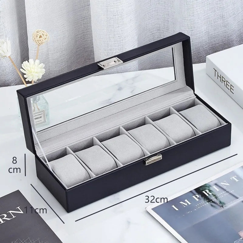 6 Grids PU Leather Watch Box Luxury Storage Display Case Wristwatch
