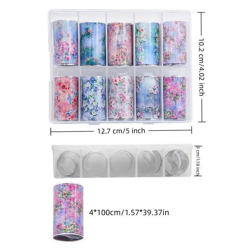 10-Roll Nail Art Foil Transfer Stickers – Floral & Starry Designs