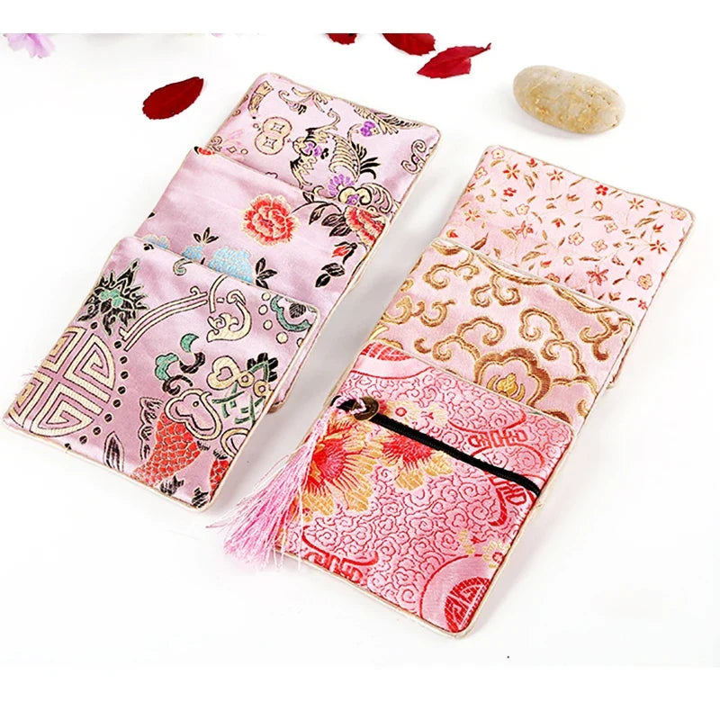 Chinese Brocade Jewelry Storage Bag Handmade Silk Embroidery Padded