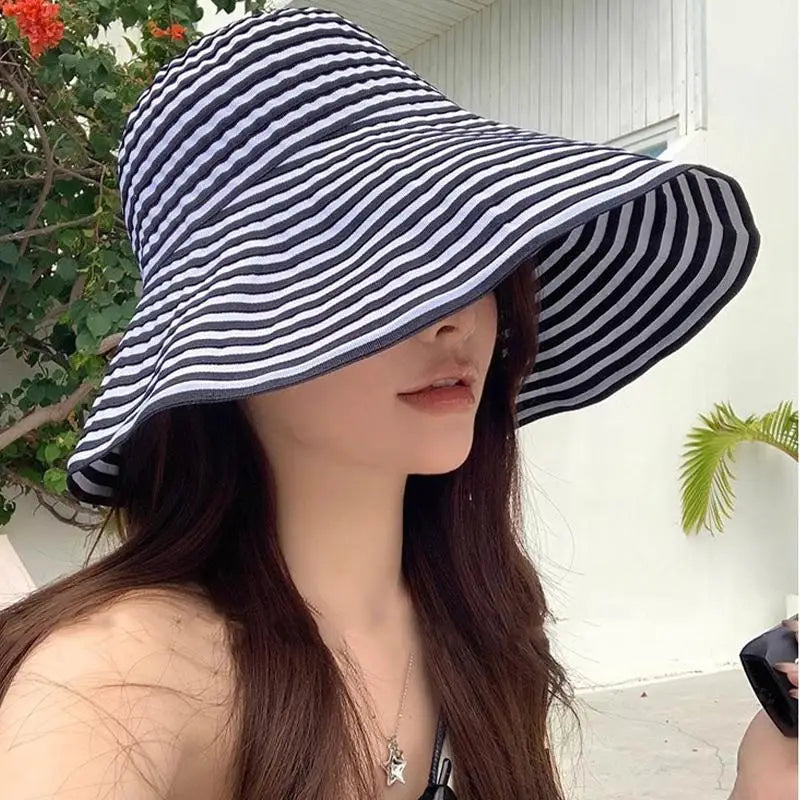 Women's Wide Brim Striped Sun Hat – Lightweight Travel Hat