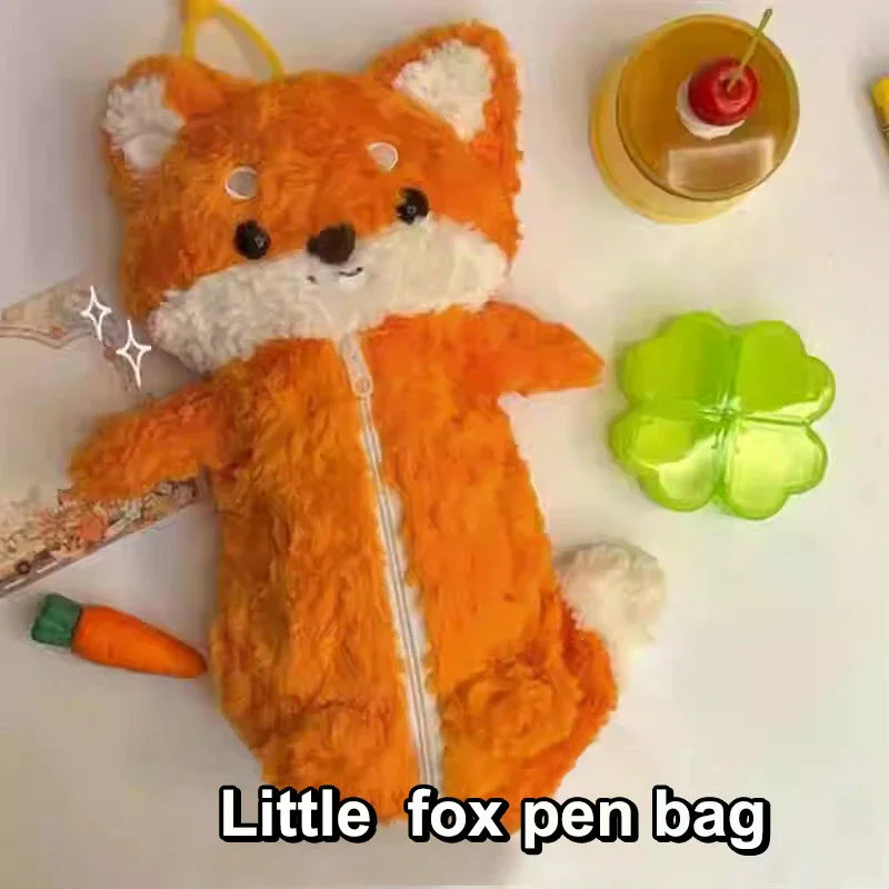 Kawaii Fox Plush Pencil Case – Cute Fluffy Animal Bag for Kids