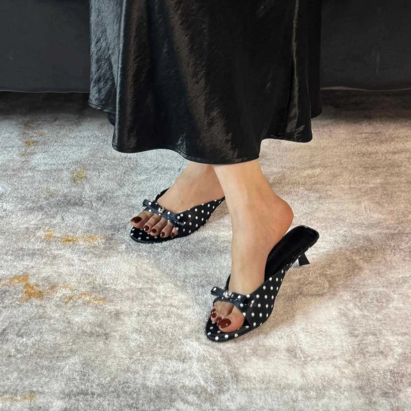 Women's Polka Dot Thin Heel Sandals – Open Toe Slip-On
