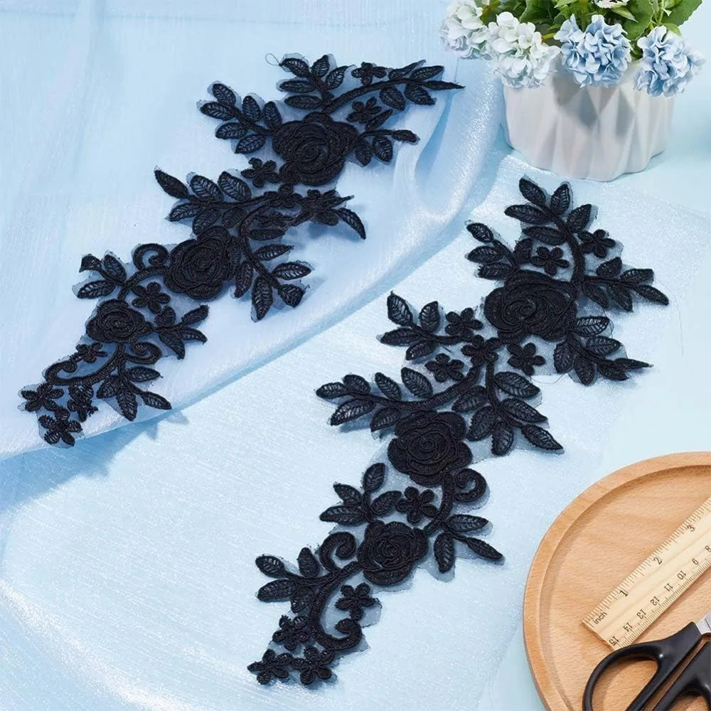 4Pcs Black Rose Lace Appliqué – Embroidered Sew-On Patches