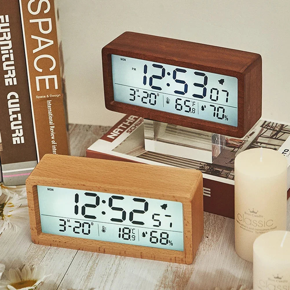 Wooden Digital Alarm Clock – Temp, Humidity & Date Display