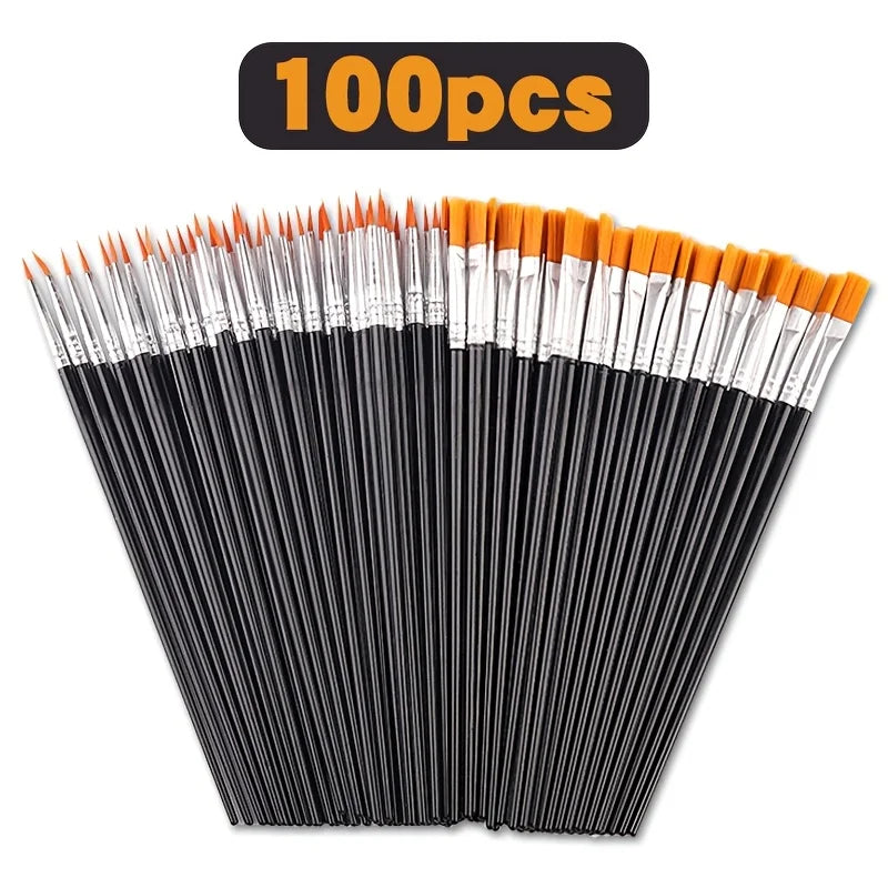 100pcsPainting Brushes Art Round Flat Hair Nylon Paint Brush Oil