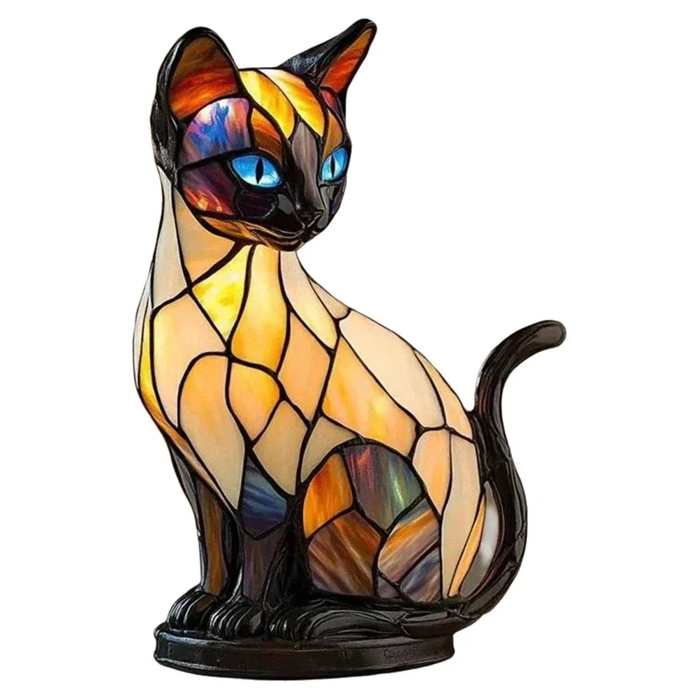 Cute Cat Lamp Stained Glass Retro Led Resin Tabletop Night Light