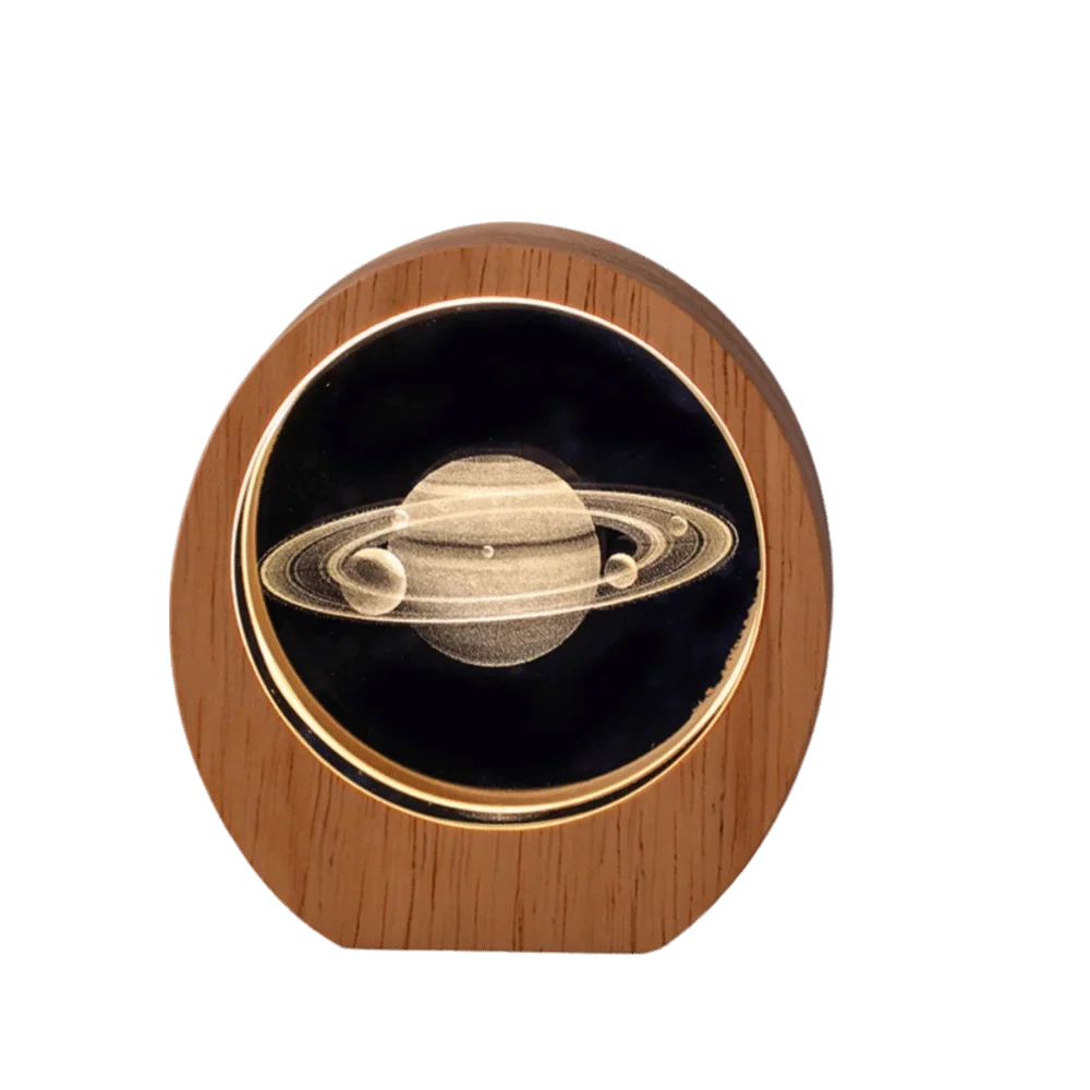 3D Solar System Planet Night Light – Wood Base Crystal Glow
