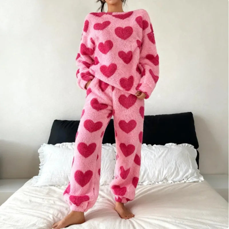 Women's Pink Heart Coral Fleece Pajama Set – Warm 2Pc Loungewear