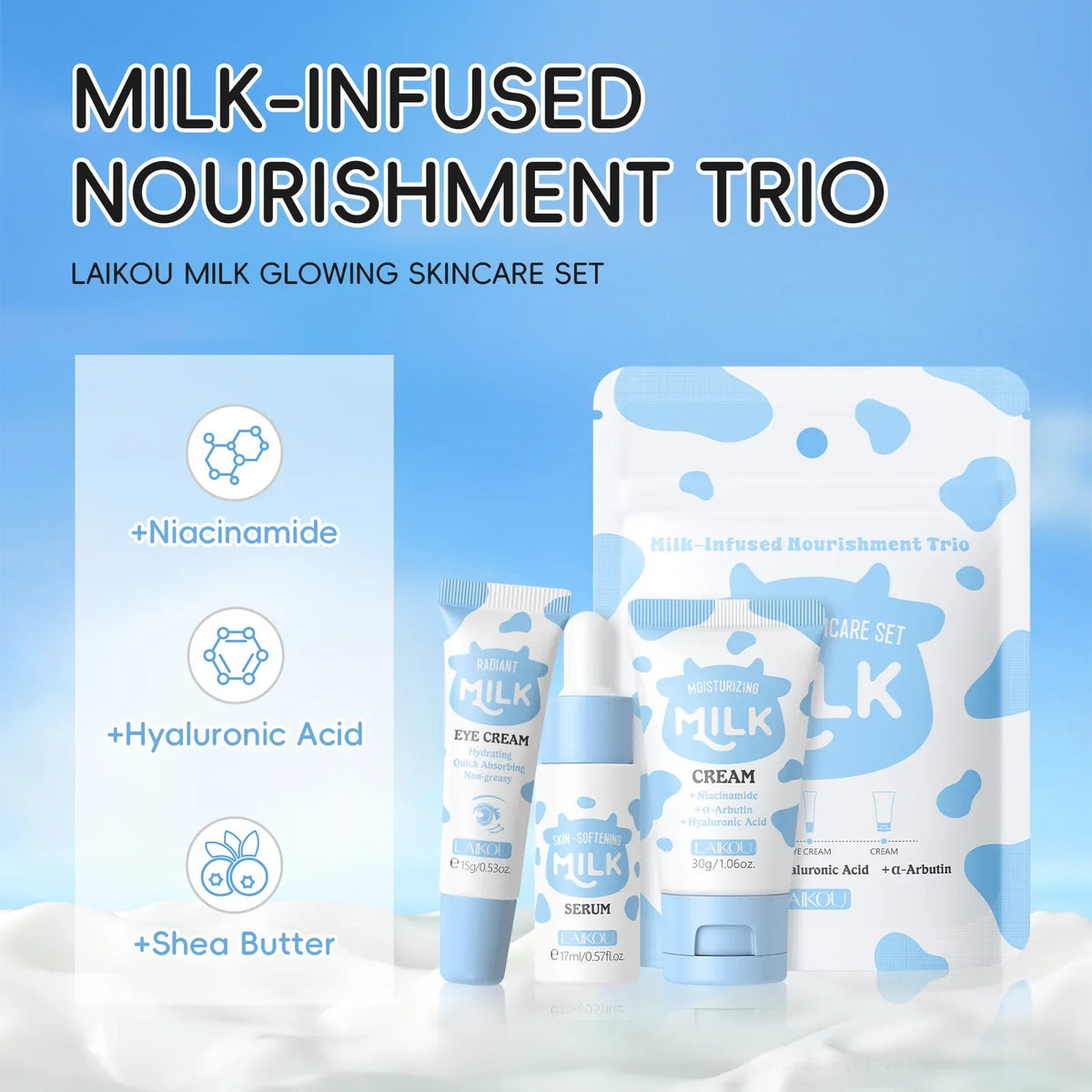 LAIKOU Milk 3-Piece Travel Skincare Set – Serum, Eye Cream & Cream