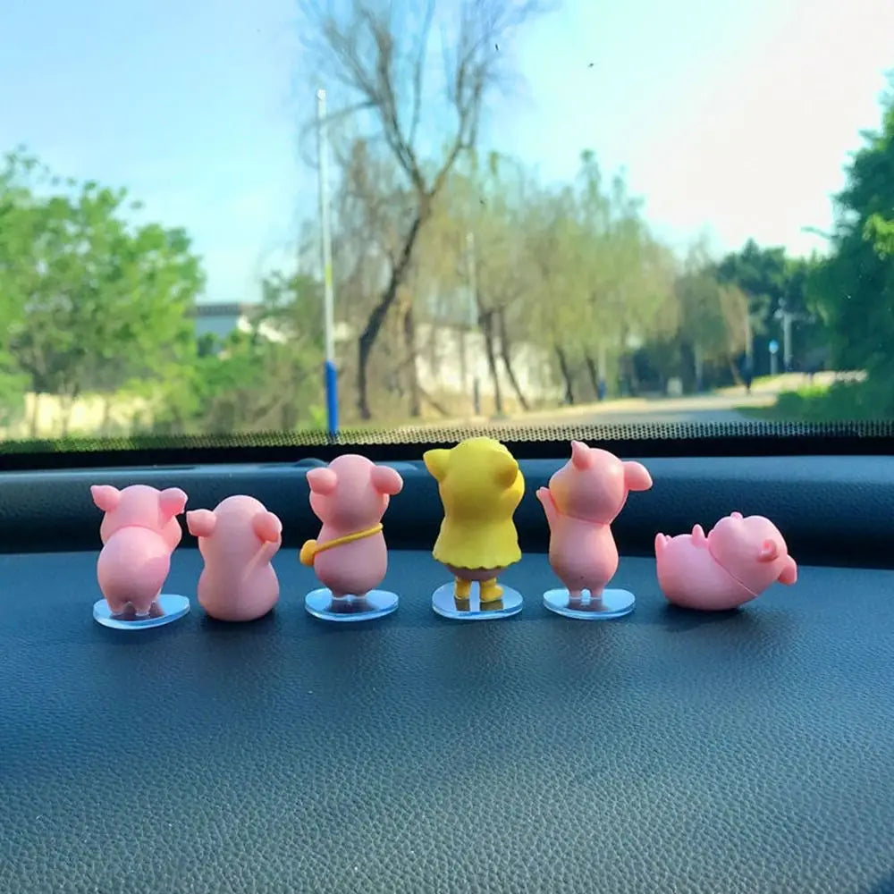 6-Piece Mini Flocked Piggy Car Dashboard Ornament Figures