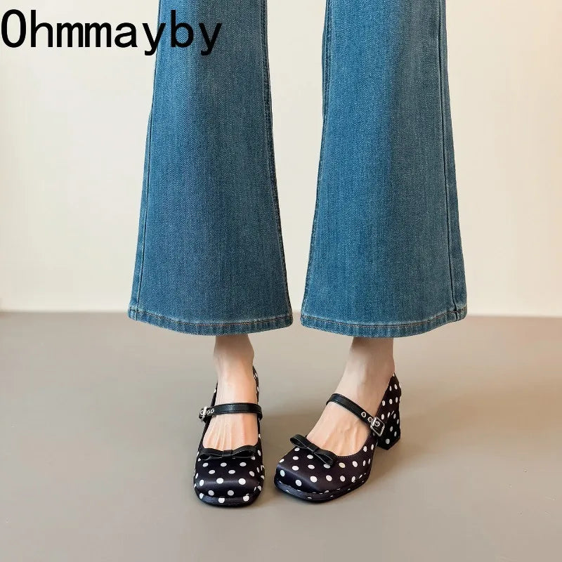 Vintage Polka Dot Mary Jane Pumps | Women's Square Heel Shoes