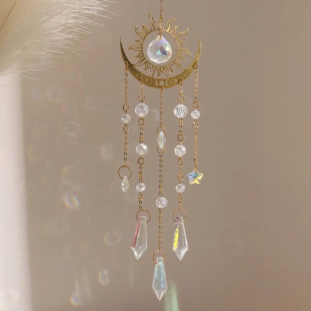 Golden Flame Moon Crystal Suncatcher Pendant – Rainbow Decor