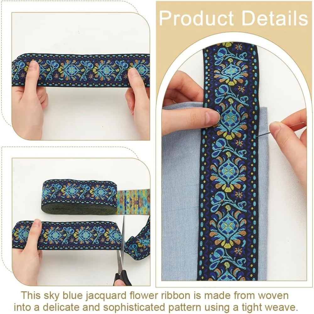 Ethnic Jacquard Flower Ribbon Sky Blue 2 inch – 10 Yards Sewing