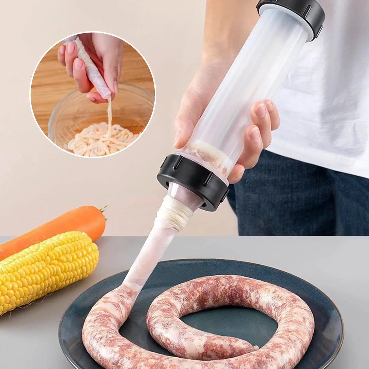 Manual Sausage Maker with 3 Filler Nozzles | Hand Push Stuffer