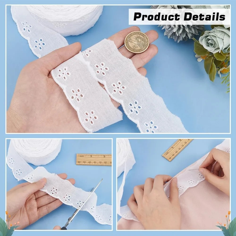 White Hollow Flower Lace Trim Ribbon 42mm Wavy Edge – 15 Yards