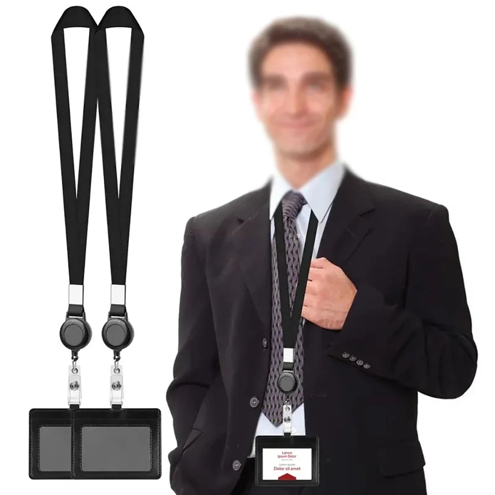 Bview Art PU ID Card Holder Retractable Badge Reel Neck Lanyard
