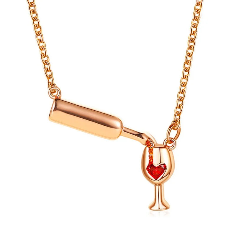 Crystal Red Heart Wine Bottle Pendant Necklace | Rhinestone Charm