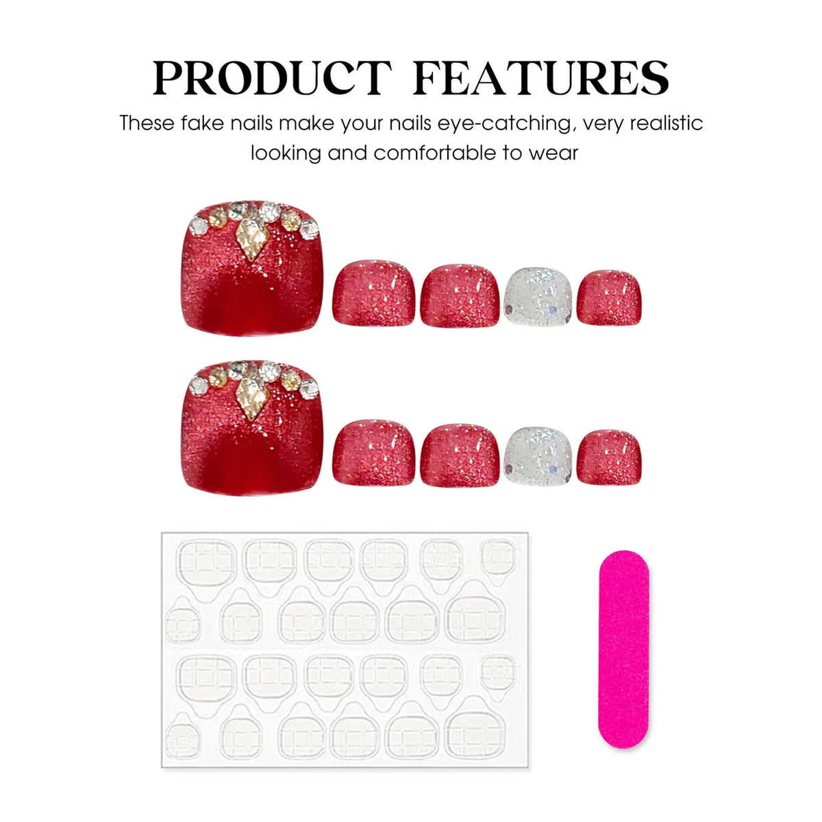 Red Cat Eye Press-On Toenails | Rhinestone Square Tips – YADORNOS