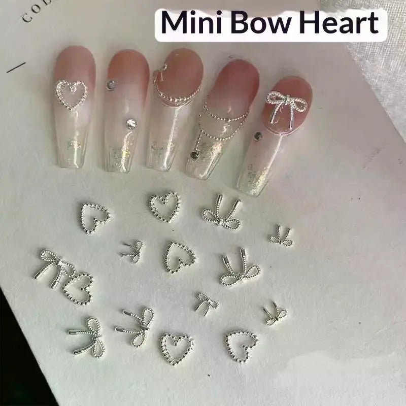 100pcs 3D Silver Bow & Heart Nail Charms | DIY Alloy Nail Art