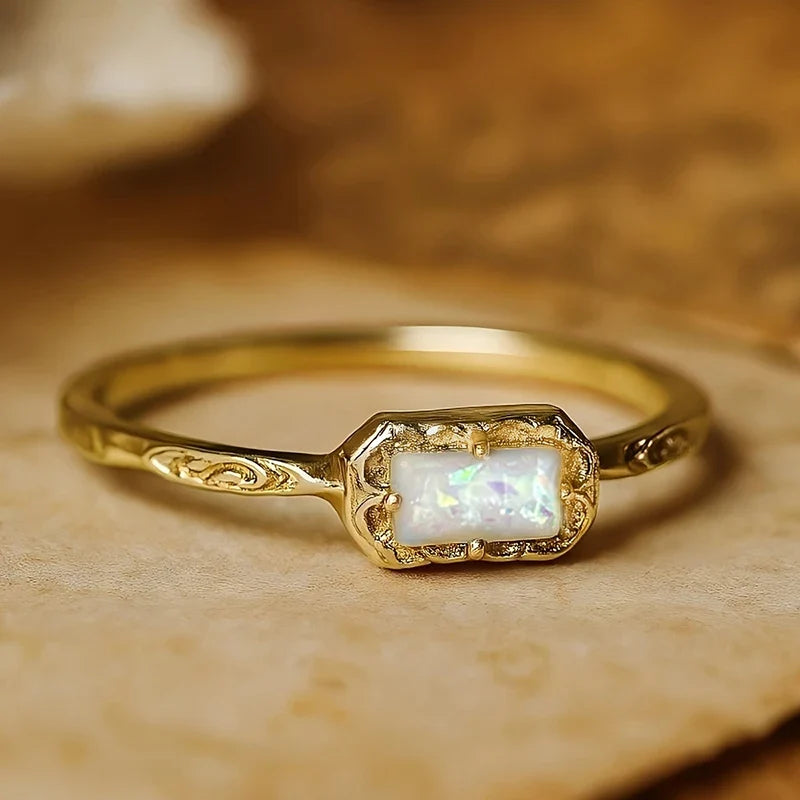 Huitan Vintage Imitation Opal Rectangular Ring for Women