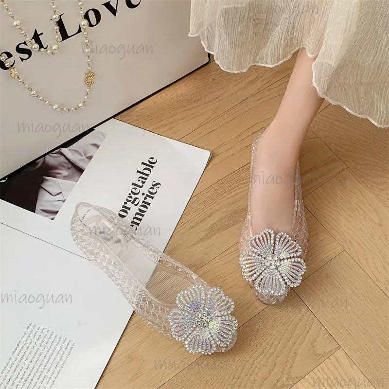 Crystal Jelly Sandals – Diamond Flower Pointed Toe Flats for Women
