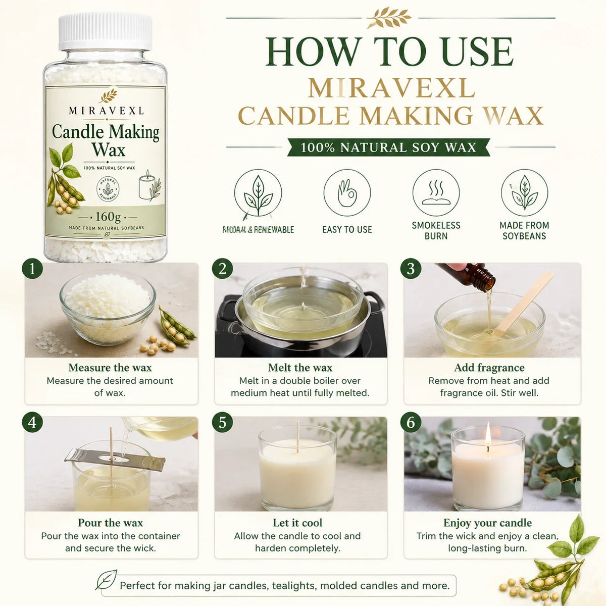 MIRAVEXL Natural Soy Wax Flakes 160g & Pearl Shimmer Pigment