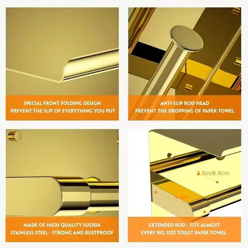 Golden Toilet Paper Holder with Phone Shelf | No-Drill Mount