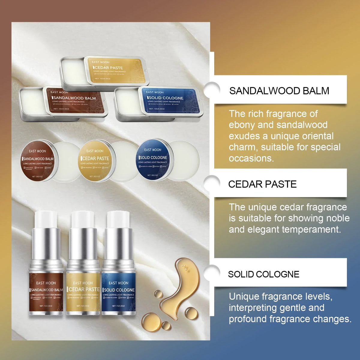 EAST MOON Men Sandalwood Solid Fragrance Balm | Long-Lasting
