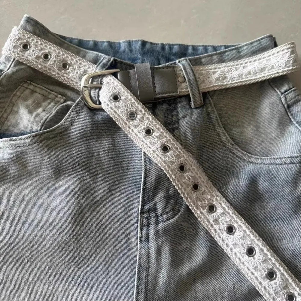 Korean Y2K Lace Canvas Waist Belt Metal Buckle – Beige