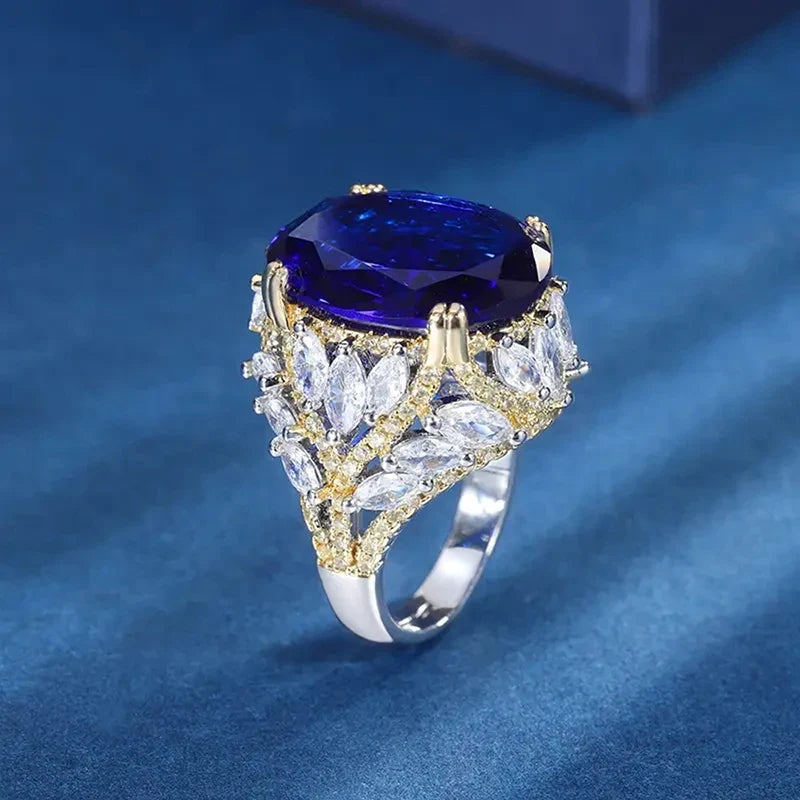 Huitan Oval Blue CZ Two-Tone Women's Wedding Band Ring