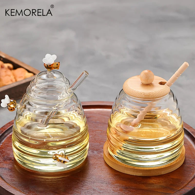 KEMORELA Glass Honeycomb Honey Jar with Dipper & Lid – 400ml