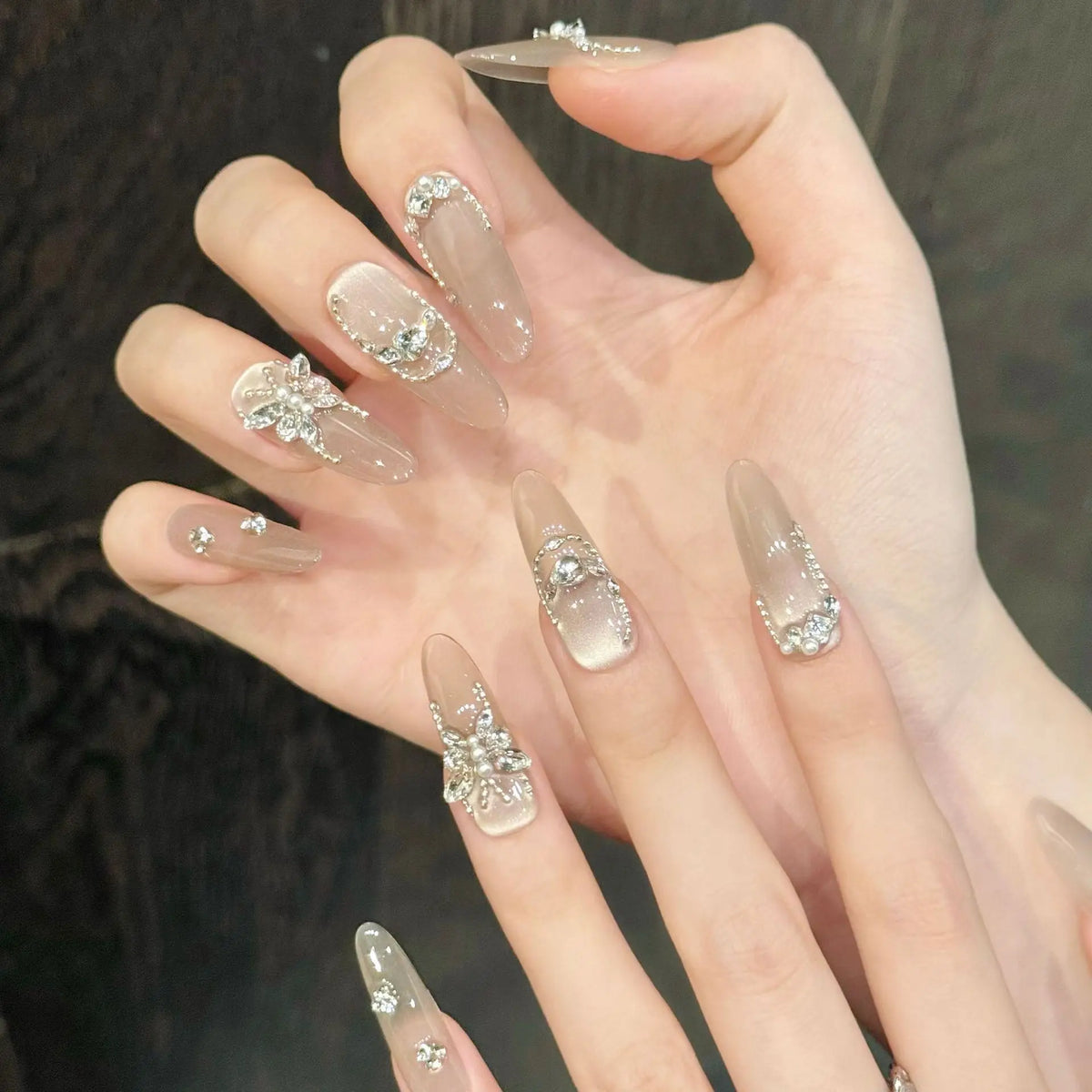 YADORNOS Cat's Eye Press On Nails | Diamond Butterfly French Set