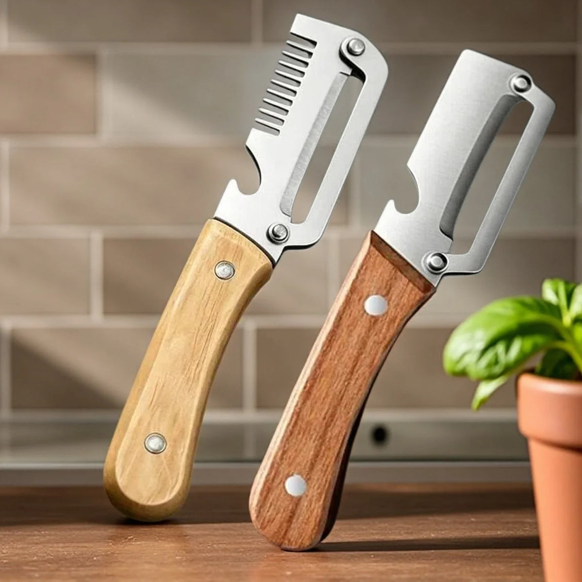 COOKCRAZE 2PC Stainless Steel Peeler Set with Oak Handle