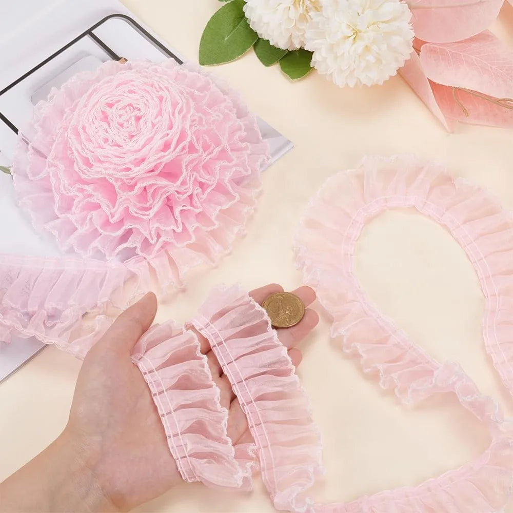 8 Yards Pink Pleated Lace Trim – Ruffled Ribbon for Sewing