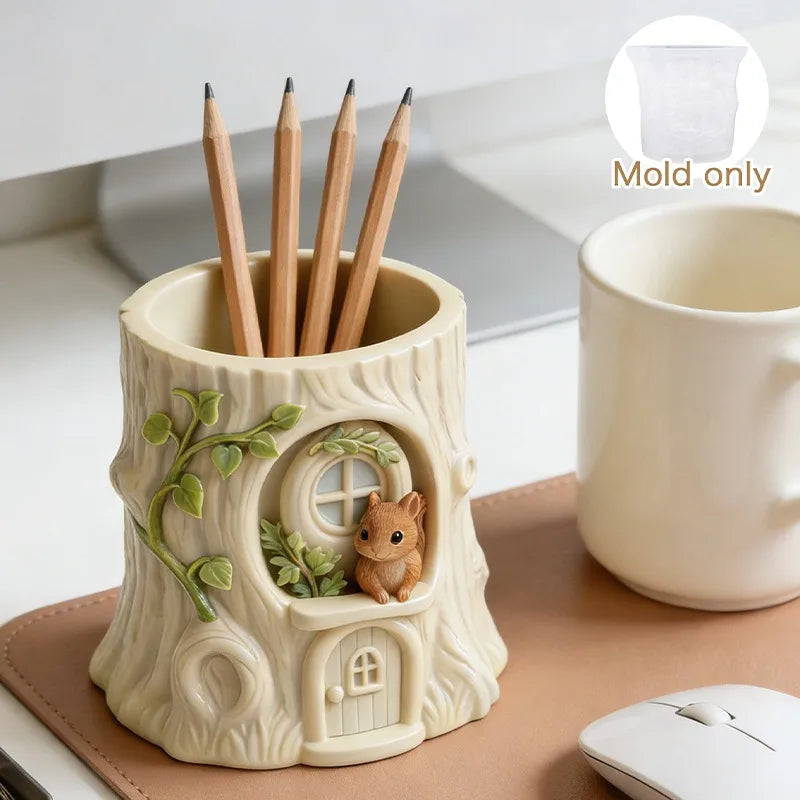 Fairy Tale Tree Stump Squirrel Planter Silicone Mold DIY Cement Resin