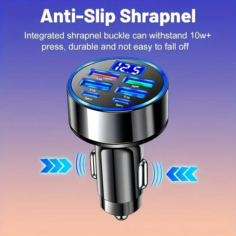 100W 6-Port Car Charger – USB-C PD & QC 3.0 Fast Charging