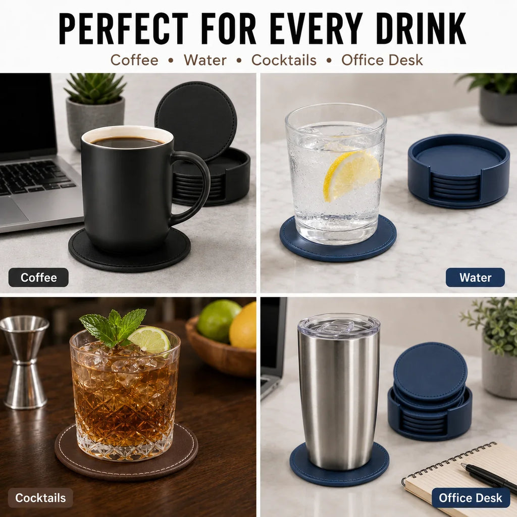 6-Piece PU Leather Coasters with Holder – Waterproof & Heat Resistant
