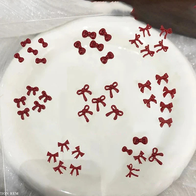 100pcs 3D Red Bow Nail Charms | Kawaii Resin Nail Art Decor