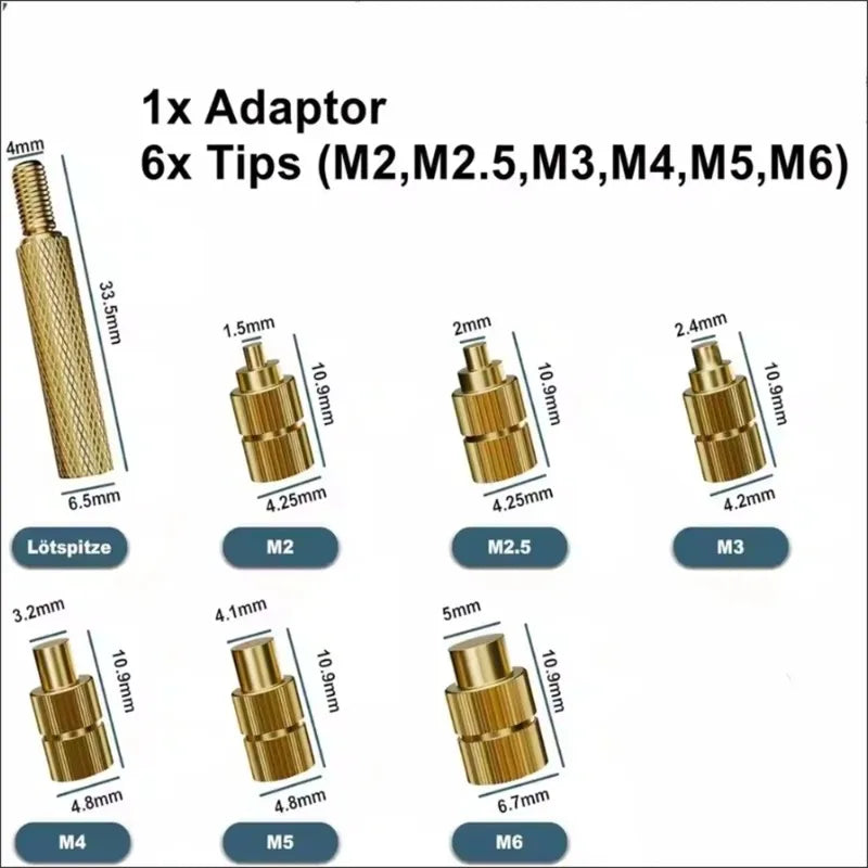 Heat Set Insert Tips M2–M6 | Brass Soldering Kit for 3D Printing