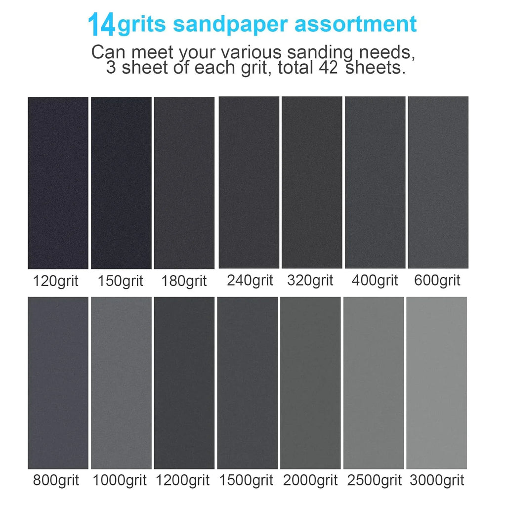 42-Pc Dry Wet Sandpaper Set 120–3000 Grit | Car & Wood