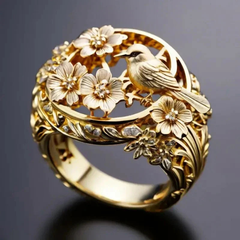 Huitan Gold Hollow Flower Bird Ring – Women's Fashion Jewelry