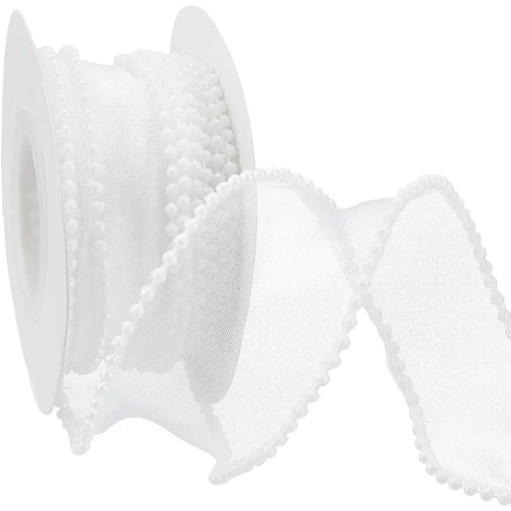 White Pearl Edge Sheer Wired Ribbon 40mm x 4.5m | Craft Ribbon