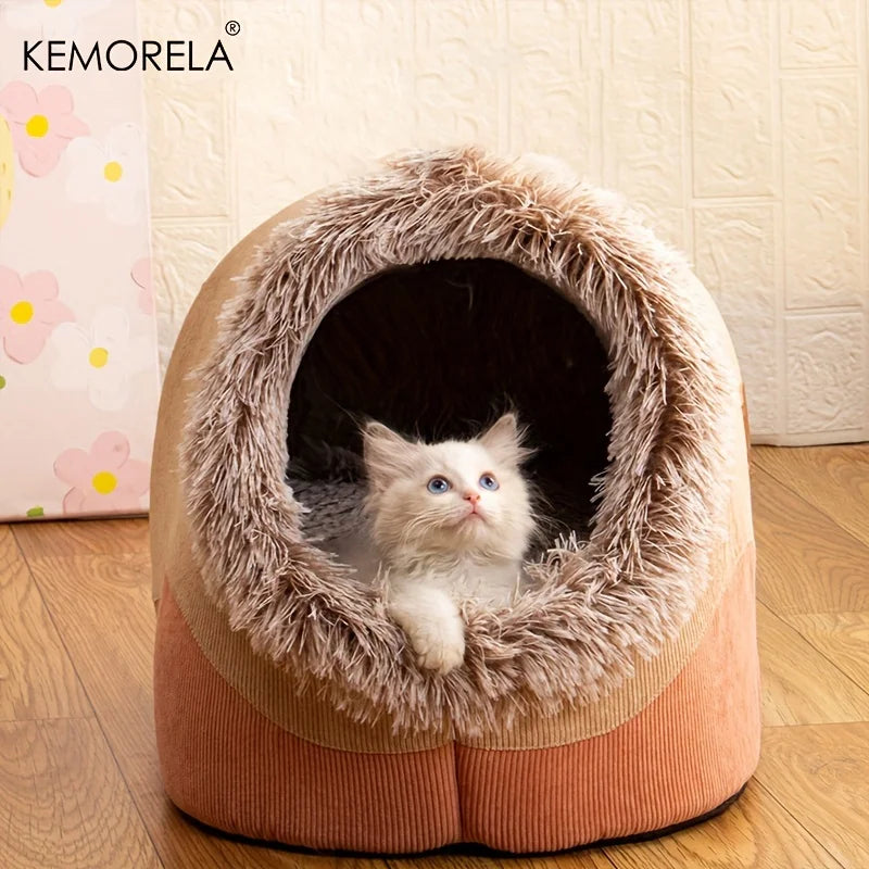 KEMORELA Plush Striped Cat & Dog Bed – Cozy Indoor Pet House