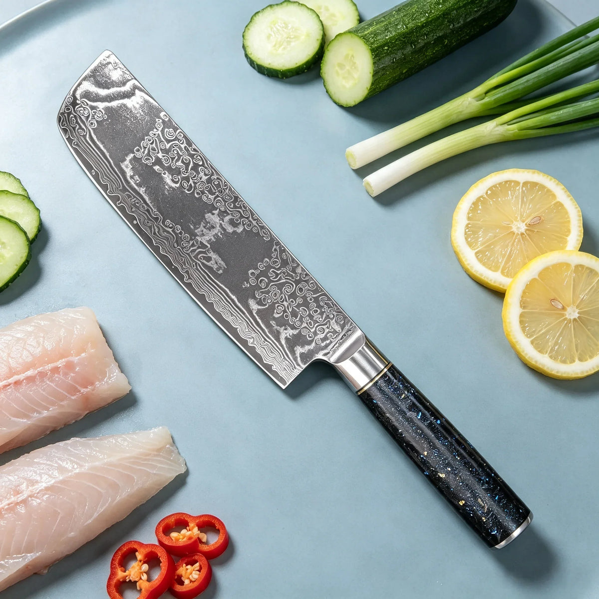 67-Layer Damascus Steel Nakiri Knife – Sharp Chef's Cleaver
