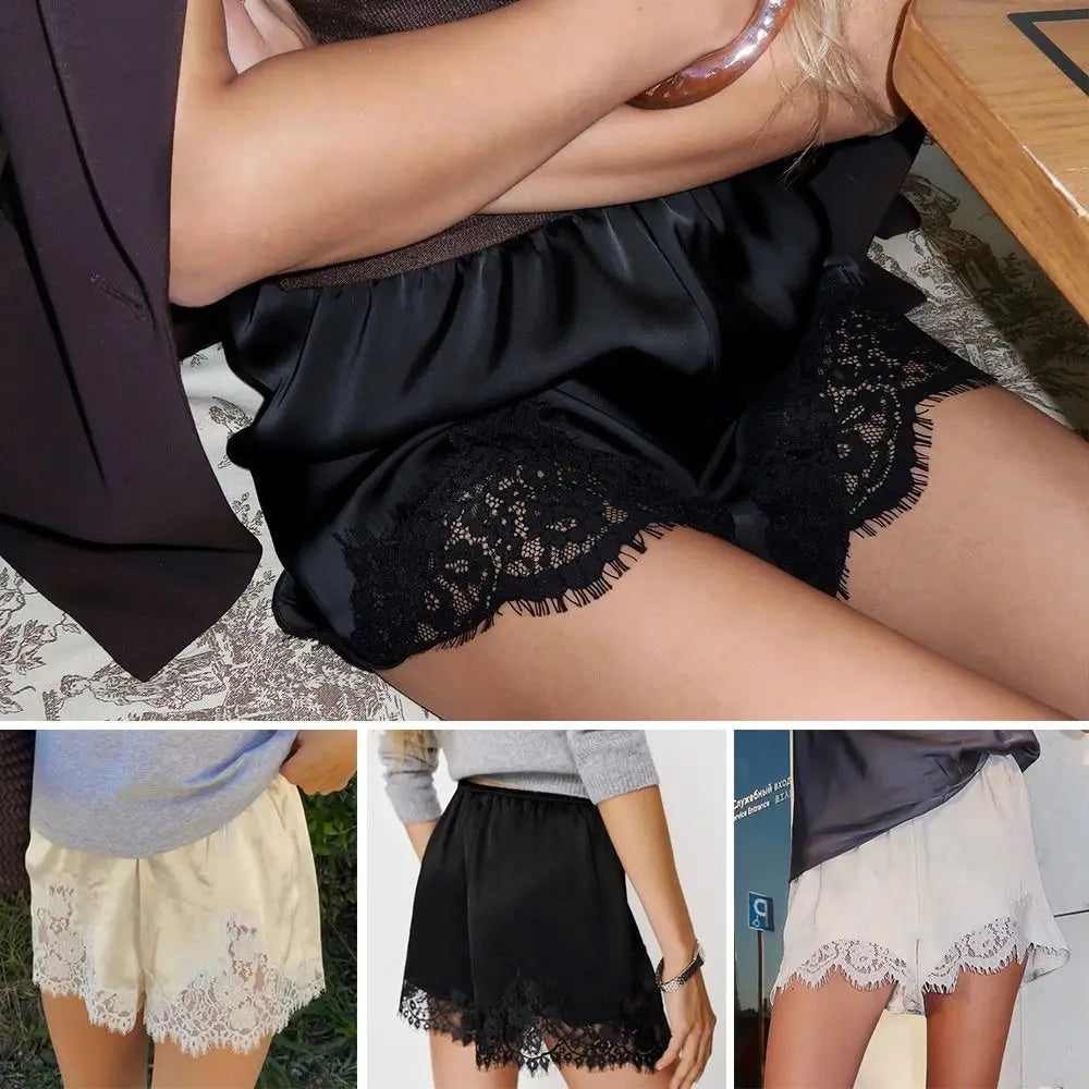 Women's Satin Lace Sleep Shorts – Elastic Waist Pajama Bottoms