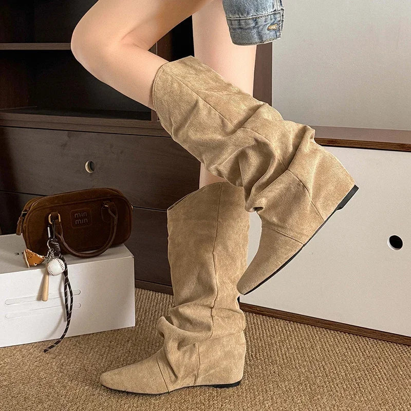 Women's Khaki Suede Mid-Calf Western Boots | Pointed Toe
