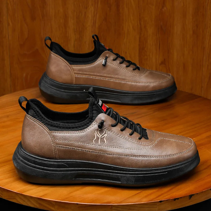YBQJOO Men's Lace-Up Leather Sneakers | Non-Slip Casual Shoes