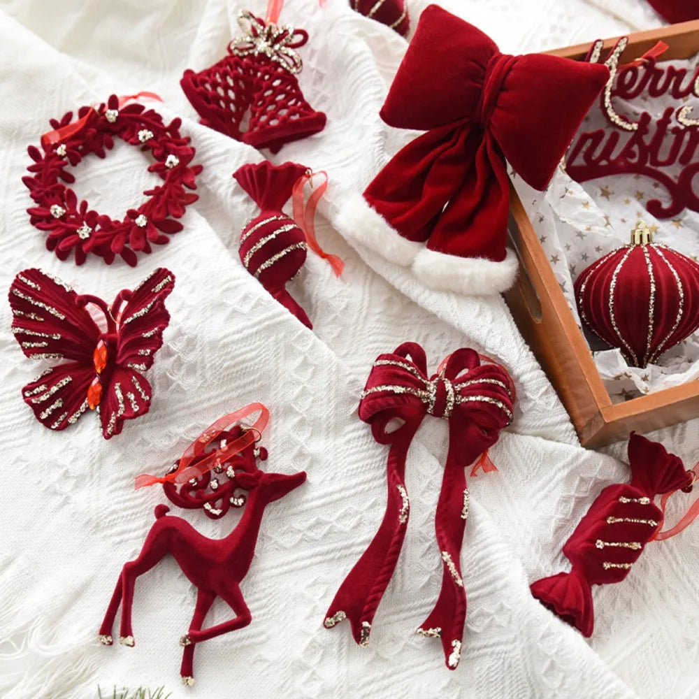 Velvet Bowknot Christmas Tree Pendant | Wine Red Bow Ornament