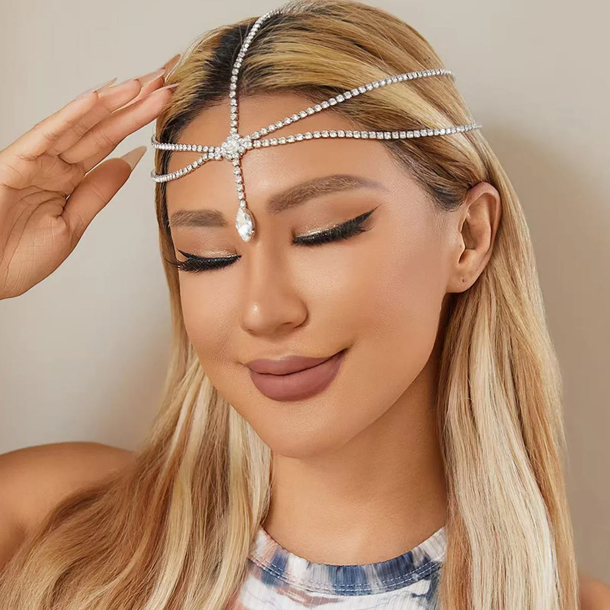 Multi-Layer Rhinestone Forehead Chain Bridal Headpiece